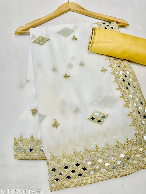Soft georgette saree for women, gold embellishments, mirror work