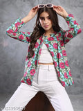 Fleece printed winter jacket for women, trendy fleece jacket with long sleeves, ladies fashion jacket on mannequin in India