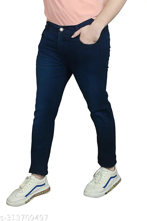 Dark Blue Denim for Men - Solid, solid-colored denim jeans pack of 1 (size 28/waist 28", length 42"; size 30/waist 30", length 42"; size 32/waist 32", length 42"; size 34/waist 34", length 42"; size 36/waist 36", length 42"). Made in India