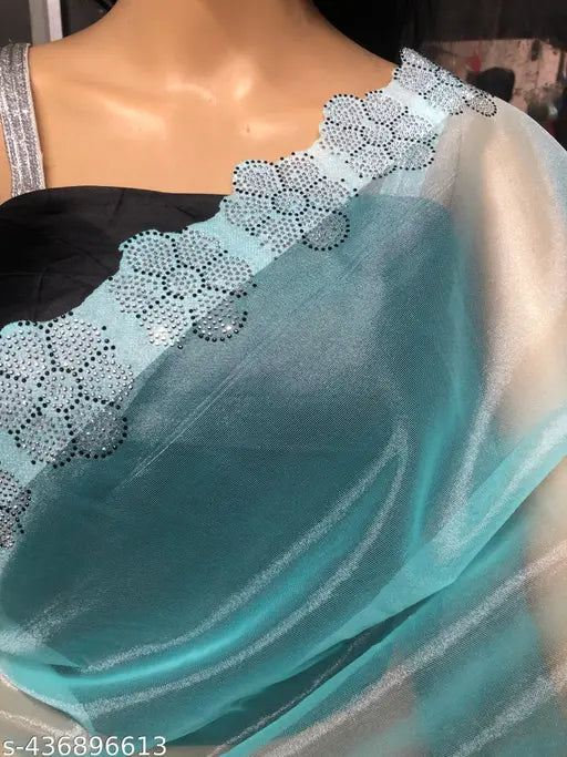 Beautiful organza silk saree with Swarovski crystals and diamond work, free size, 5.3m length