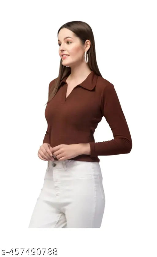 Brown Lycra long-sleeve women's t-shirt, solid color with sizes S-XL, made in India