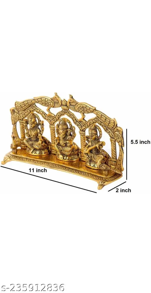 Golden metal Laxmi-Ganesh-Saraswati peacock temple frame, 11x5.5x2 inches, for home decor and gifting, symbolizing luck and worship, made in India