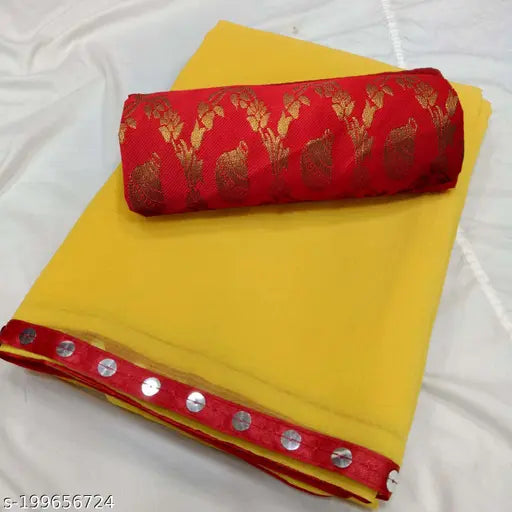 Red mirror border chiffon saree, free size, solid red design with lace and unstitched brocade blouse, Indian-made