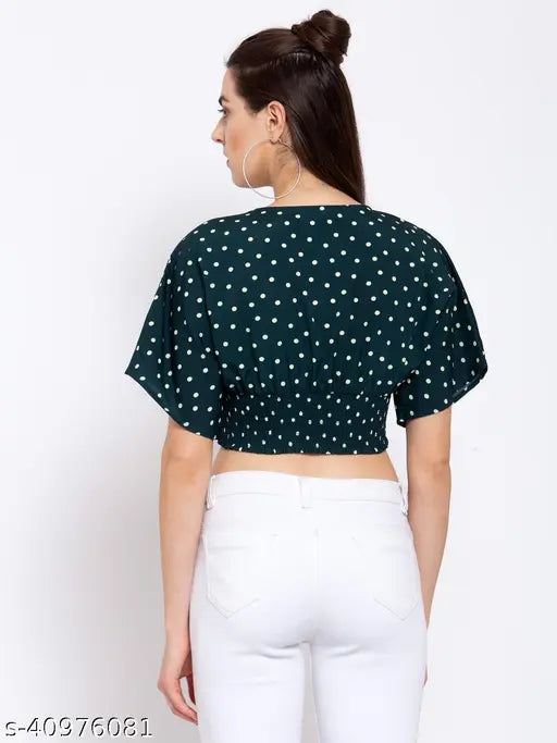 Green white polka dot printed crepe crop top for women, polyester with short sleeves, India origin