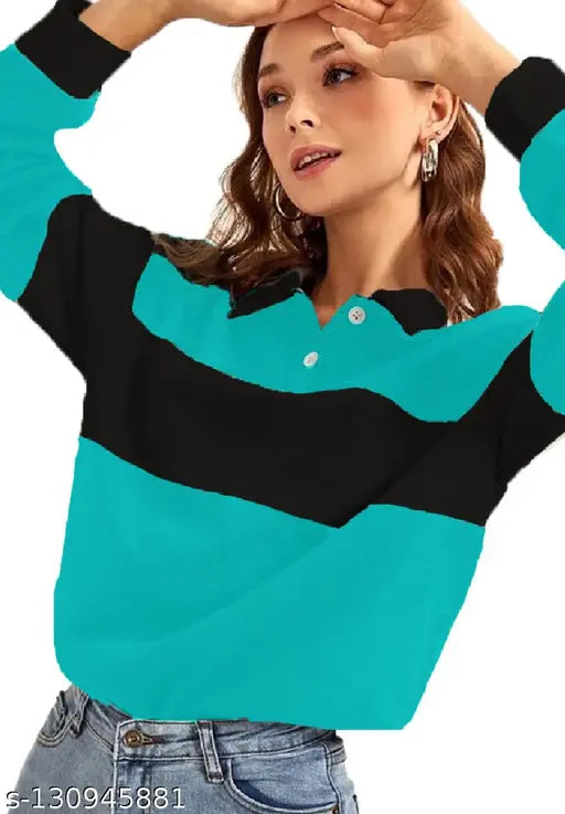 Turquoise Blue-Black cotton t-shirt with full sleeves, colorblocked design for women's comfort. Women's long sleeve top in soft combed cotton, made in India