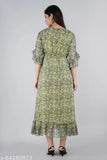 Long, chiffon printed flared kurta in a matching set for women's partywear and festivals