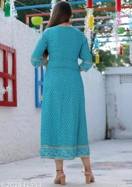 Rayon Trandy Firogi Printed Anarkali Kurtis with three-quarter sleeves, traditional Firogi print and printed buttons. S (Bust 36in, Length 52in), M (Bust 38in, Length 52in), L (Bust 40in, Length 52in) - Indian fashion