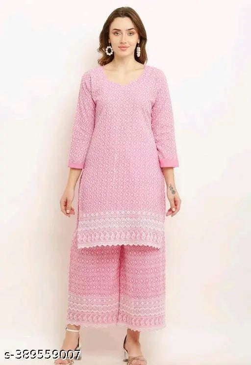 Pink Chanderi cotton Kurta & Plazzo set with three-quarter sleeves, printed net design, Pack of 2 for Indian fashion