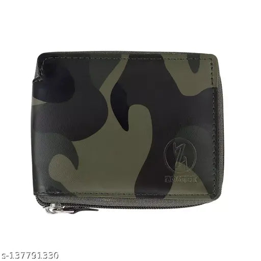 Faux leather round zip wallet, Indian-made, military style design with 2 compartments and printed pattern