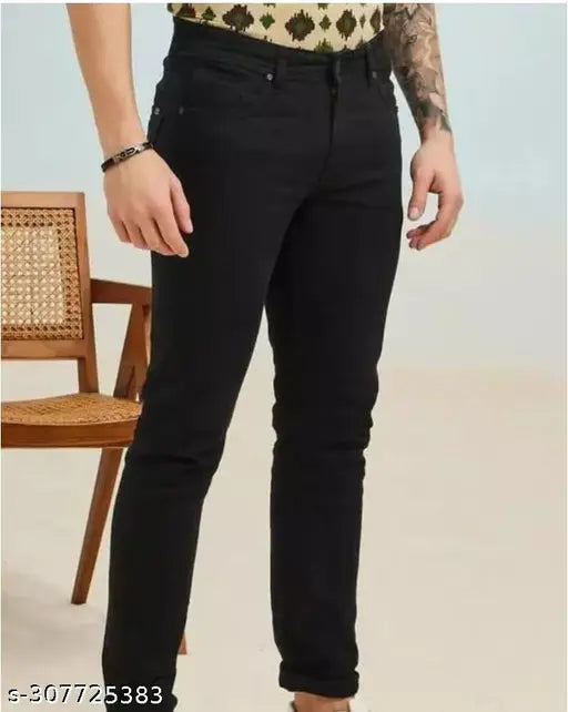 Plain black cotton blend jeans for men I2U3 - Solid style, ideal fit for waist sizes 28, 30, and 32