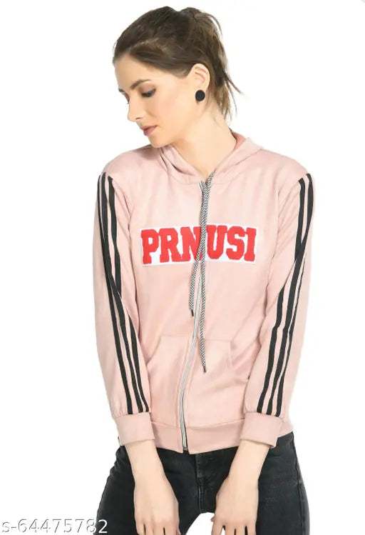 Peach polyester Aphrodite full sleeves printed soft casual hoodie for women on model
