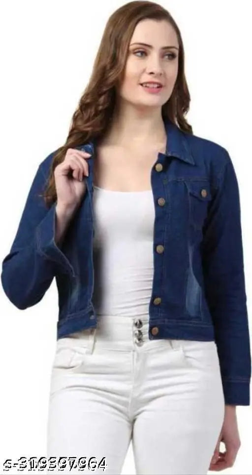 Trendy denim blend casual jacket, long sleeve, solid pattern for women. Sustainable cotton wear from India