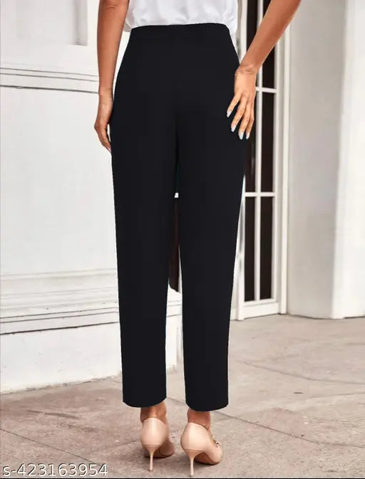 Black polyester blend casual trousers, mid-waist, narrow fit, side pockets, 2-side pockets, 42 inches