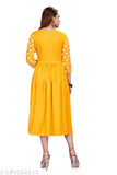Yellow, cotton, long-sleeve, flared, straight-fit, traditional, embroidered, kurti with printed dupatta