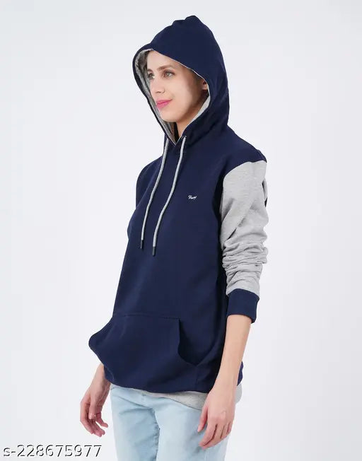Navy cotton women's full-sleeve sweatshirt with kangaroo pocket, solid design, XXL size