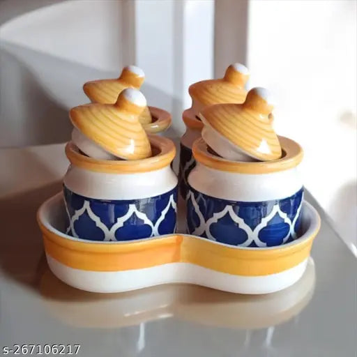Ceramic jars set, blue and yellow, with lid and tray
