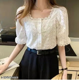 Cotton white best top, short sleeves, printed net design - M (bust 36", length 21"), India