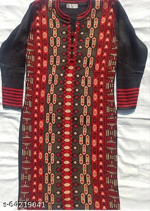 Black wool straight-printed kurti by Kaina Creations, featuring long sleeves and vibrant print, perfect for modern casual wear. Made in India