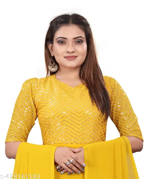 Yellow Georgette Anarkali Dress, VIDHI Solid Squance Work, Size: S-XXXL, Made in India