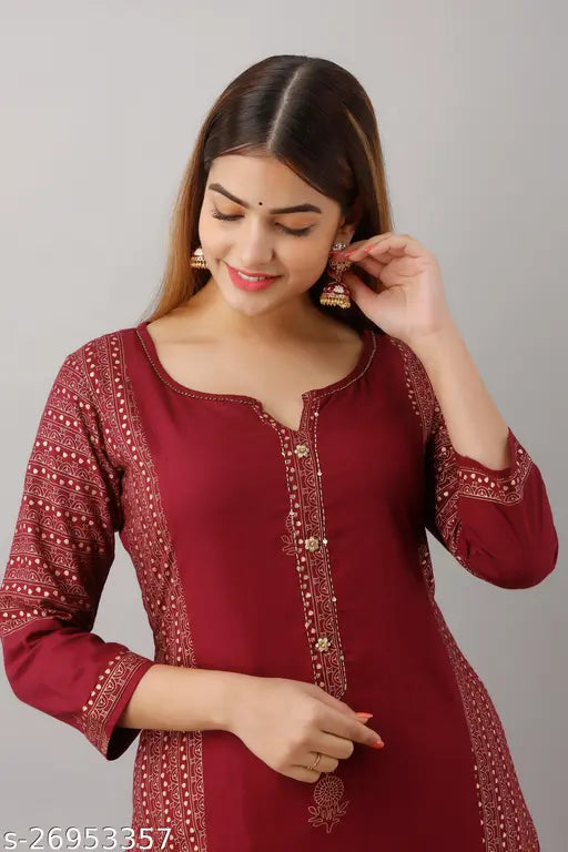 Rayon Banita refined women's kurta set with palazzo bottoms, three-quarter sleeves, printed net design, size S (bust 36in), Indian origin