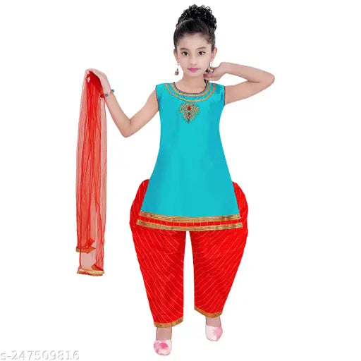 Embellished A-line Kurta Set for Kids (India), poly silk material, patiala bottom style, suitable for all seasons