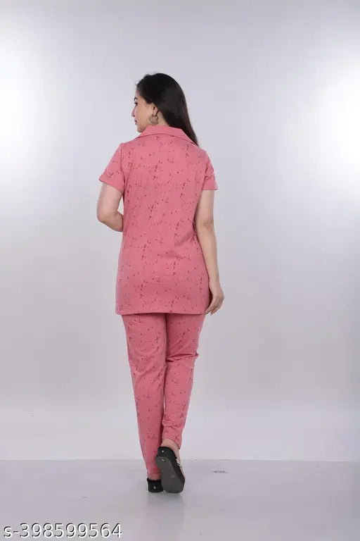 Cotton blend printed night suit with casual collar half sleeve, women's three-quarter sleeves summer outfit on display