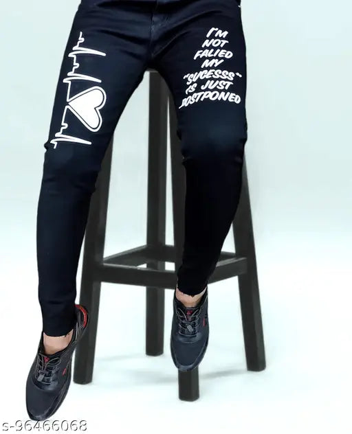 Men's black heartbeat-printed denim jeans, high-end quality. Fun, washable print on authentic Indian denim, size 28, 30, or 32 (Waist 28/30/32, Length 37in)