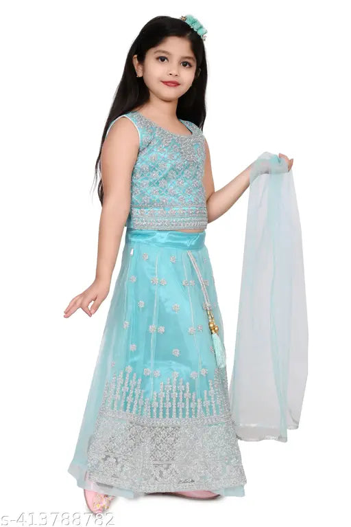 Embroidered net lehenga choli set in three colors: pink, blue, yellow, with dupatta, perfect for girls 2-8 years old