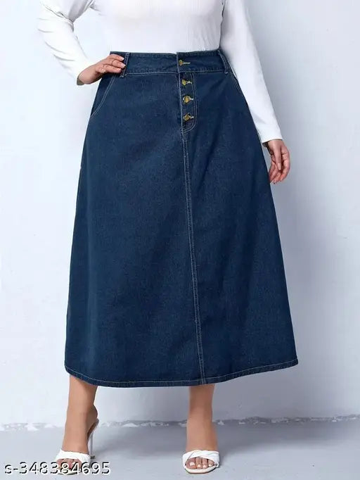 Navy Blue Plus Size Buttoned A-Line Maxi Denim Skirt - Lightweight & breathable, home washable, and trendy denim maxi skirt for all body types. Made with self-designs and durable materials, offering comfort and easy movement. Designed in navy blue