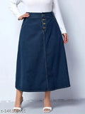 Navy Blue Plus Size Buttoned A-Line Maxi Denim Skirt - Lightweight & breathable, home washable, and trendy denim maxi skirt for all body types. Made with self-designs and durable materials, offering comfort and easy movement. Designed in navy blue