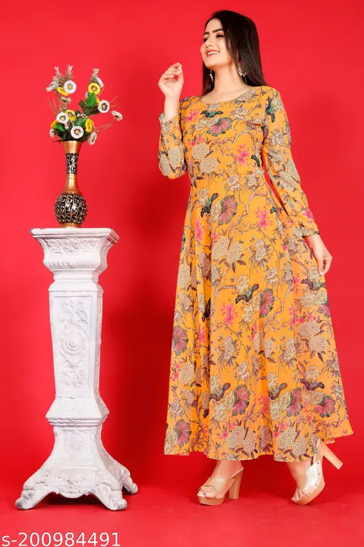 Digital Printed Gown-Long Kurti (Georgette, Three-Quarter Sleeves, Printed Combo), Georgette Fabric & Heavy American Crape lining, India-made designer one-piece