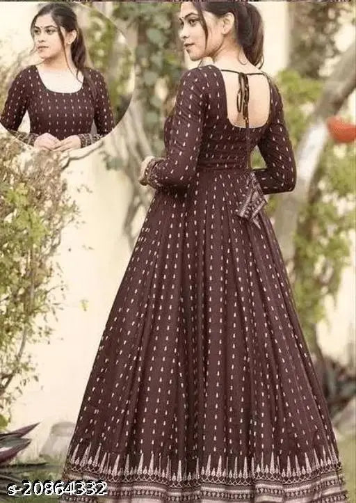 Brown rayon long-sleeved printed kurta gown with tassels and latkan, showcasing a checked pattern and traditional Indian block print design