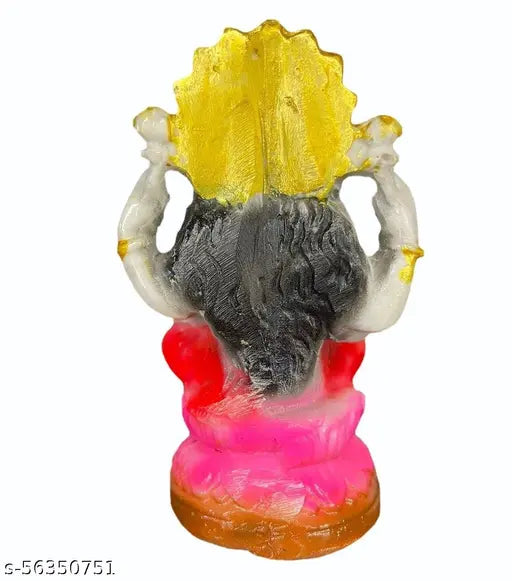 Multicolored resin Maa Lakshmi sitting on lotus idol, intricately detailed with marble dust finish for home decor or puja gift. Dimensions: 12cm H x 8cm W x 5cm D, weight 100g. Made in India