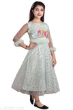 Stylish fancy net frock (3-4 years), embellished with three-quarter sleeves, super net material, size 32in x 22in. Indian handcrafted girl's dress on mannequin