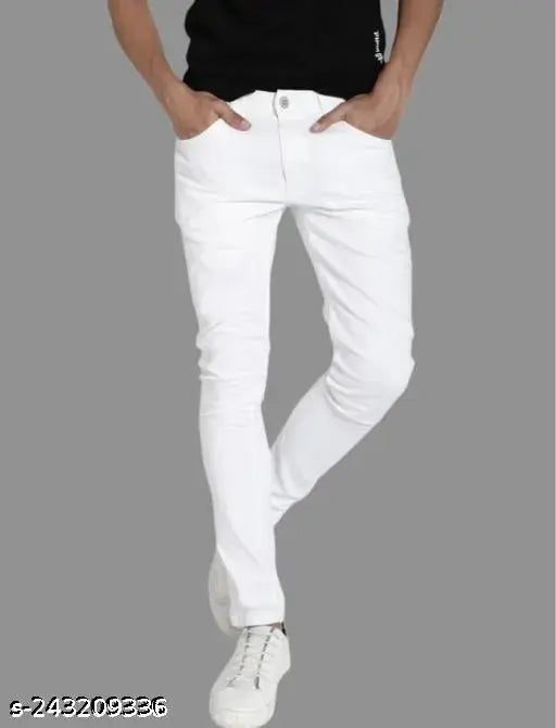 Men's white denim monk jeans, solid pattern, perfect fit for any occasion, size 28/30/32/34/36, made in India