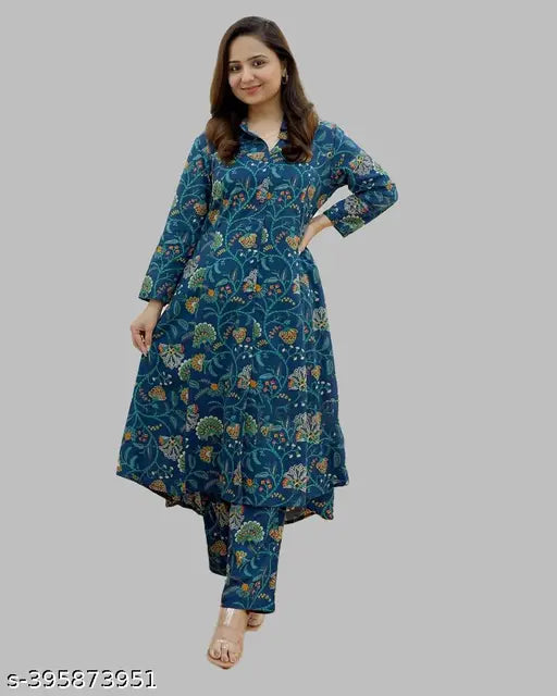 Green cotton cord set for women: The All New printed net kurta with palazzos, Three-Quarter sleeves, Sizes: S, XXL - Made in India