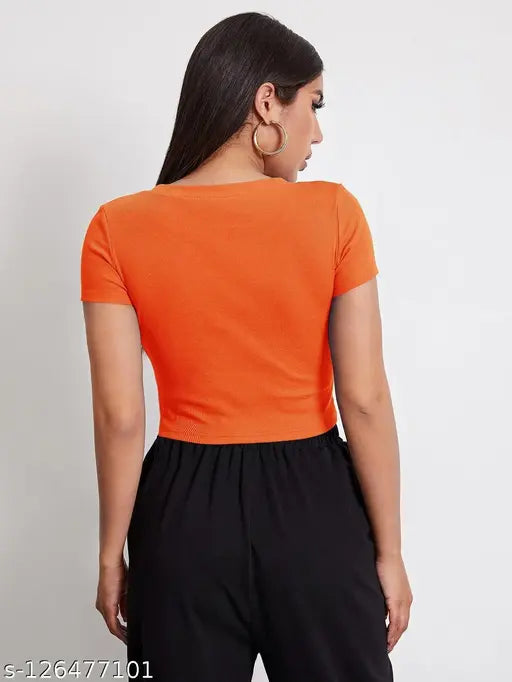 Cotton blend women's round neck half sleeve casual crop ribbed top, solid color in sizes M and L