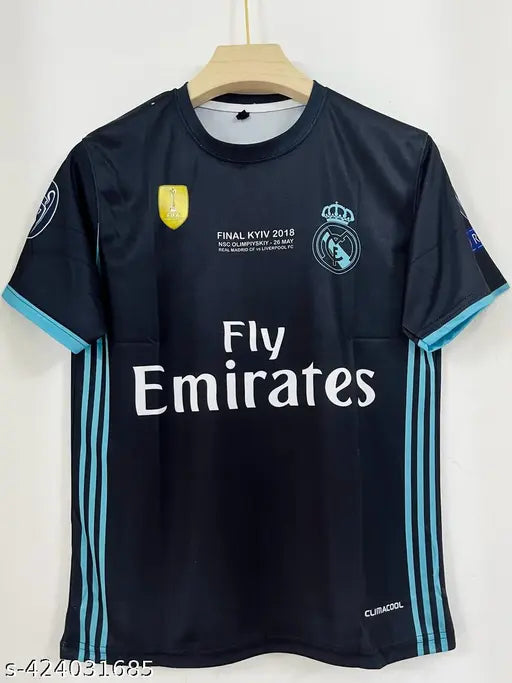 Black polycotton Real Madrid 2018 Ronaldo retro jersey with short sleeves, name printed on back" (117 characters)