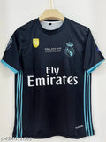 Black polycotton Real Madrid 2018 Ronaldo retro jersey with short sleeves, name printed on back" (117 characters)