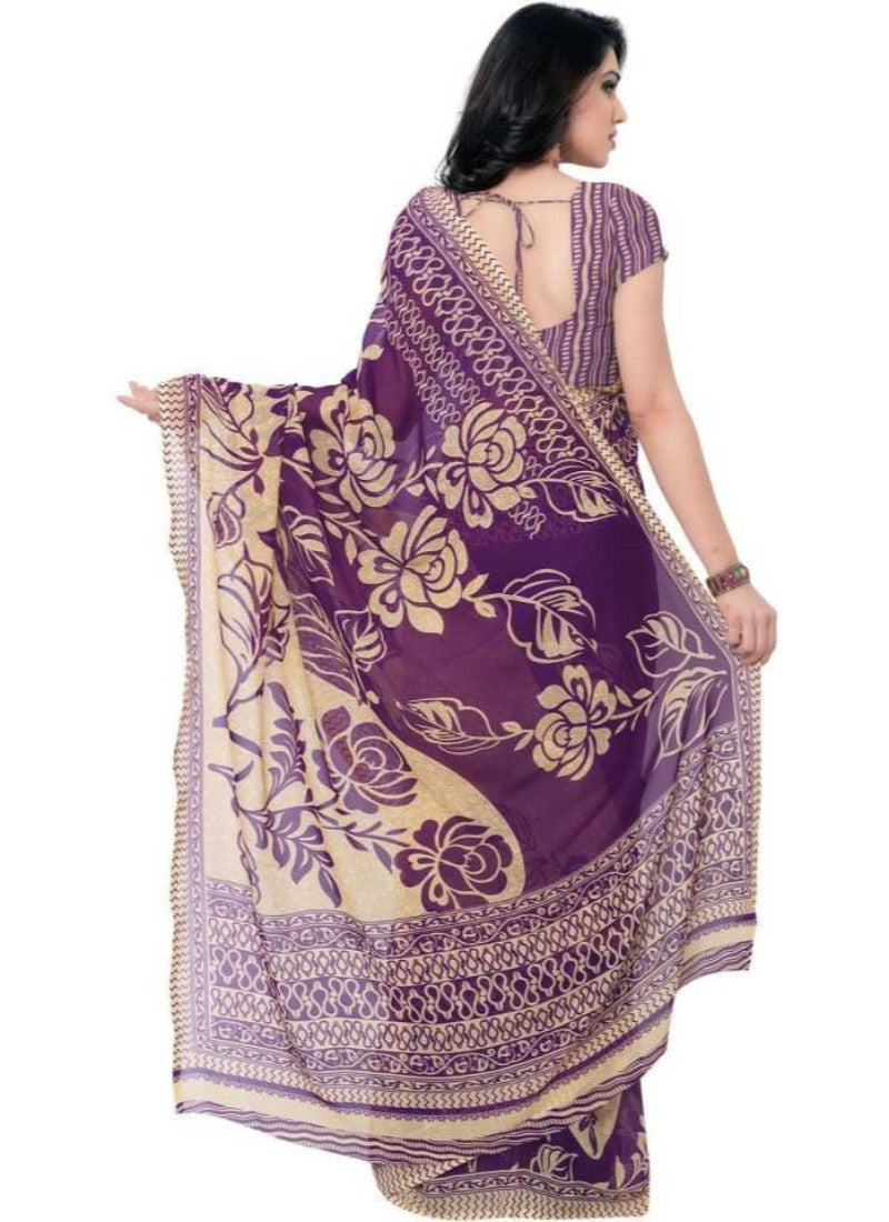 Printed Faux Georgette Purple Color Saree - GillKart