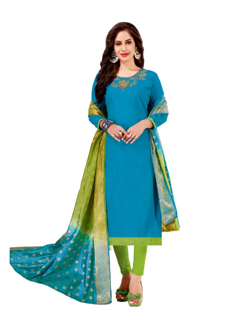 Women's Slub Cotton Unstitched Salwar-Suit Material With Dupatta (Blue, 2-2.5mtrs) - GillKart