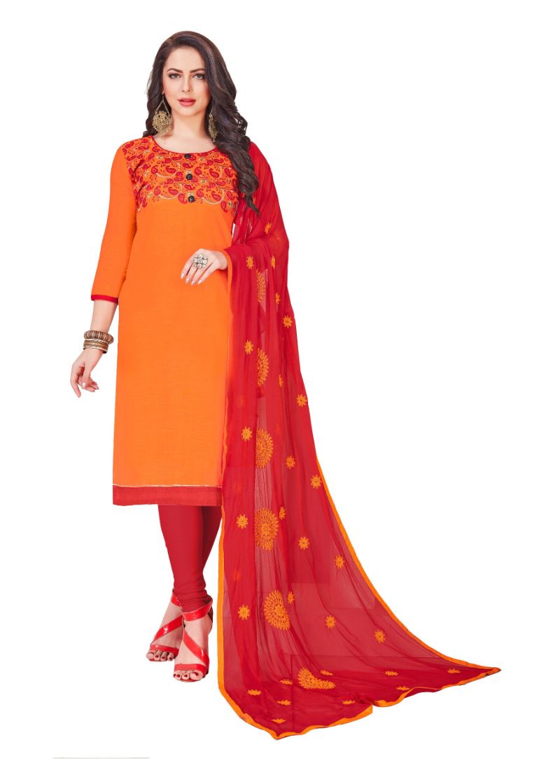 Women's Slub Cotton Unstitched Salwar-Suit Material With Dupatta (Orange, 2 Mtr) - GillKart