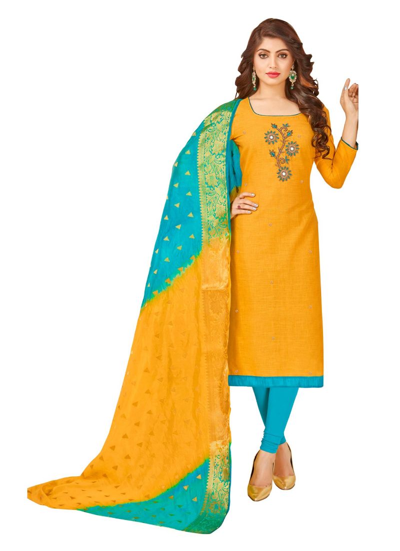 Women's South Slub Cotton Unstitched Salwar-Suit Material With Dupatta (Yellow, 2 Mtr) - GillKart