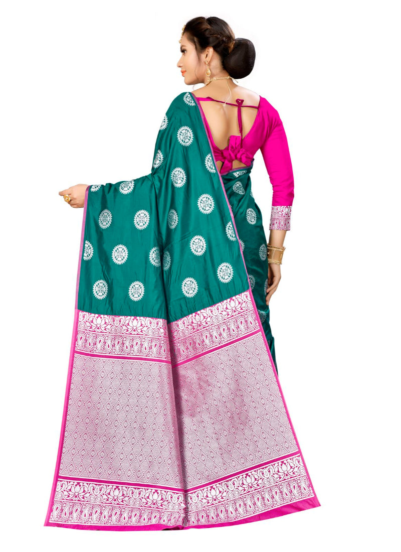 Women's Banarasi silk Saree with Blouse (Green, 5-6mtr) - GillKart