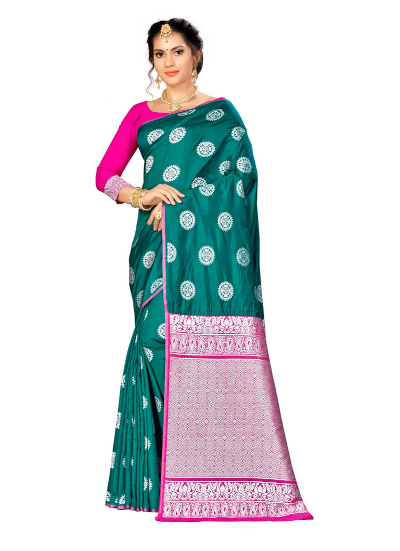 Women's Banarasi silk Saree with Blouse (Green, 5-6mtr) - GillKart