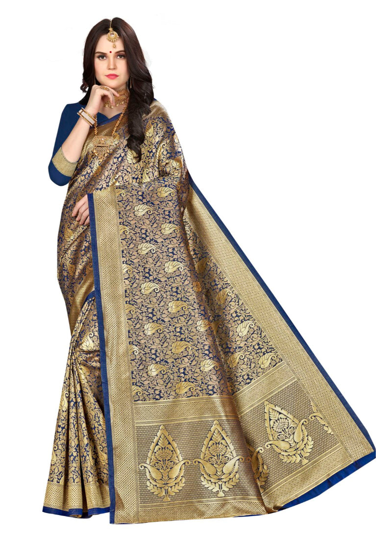 Women's Banarasi silk Saree with Blouse (Navy blue, 5-6mtr) - GillKart