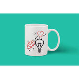 White ceramic coffee mug with printed design, 11 oz