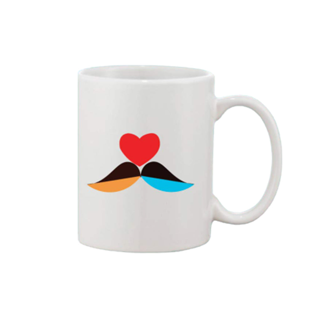 White ceramic coffee mug with heart-shaped design and print