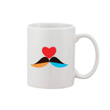 White ceramic coffee mug with heart-shaped design and print