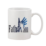 White ceramic coffee mug, 11oz, printed with 'Father & son' design